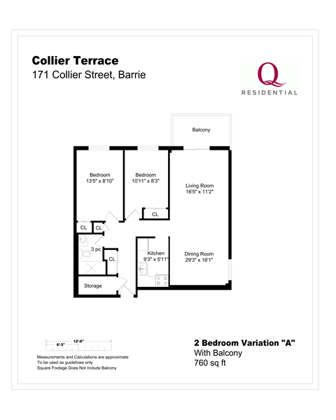 Floor plan for 2 beds, 1 bath, 760 sqft